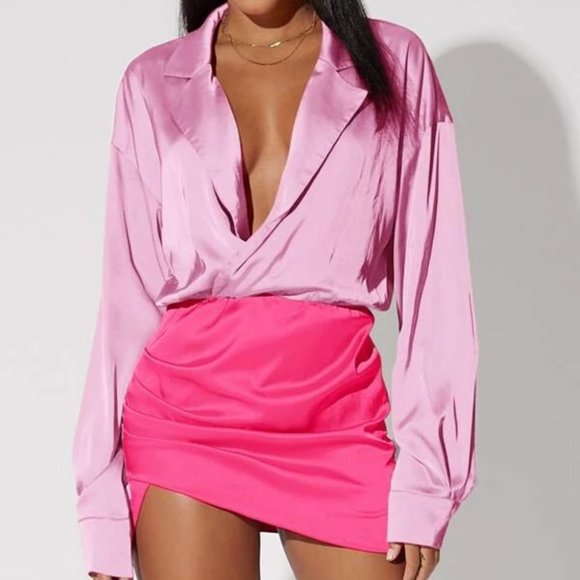 MODA ME COUTURE Dresses & Skirts - Hot PInk Colorblock Drop Shoulder Lapel Neck Satin Mini Dress
